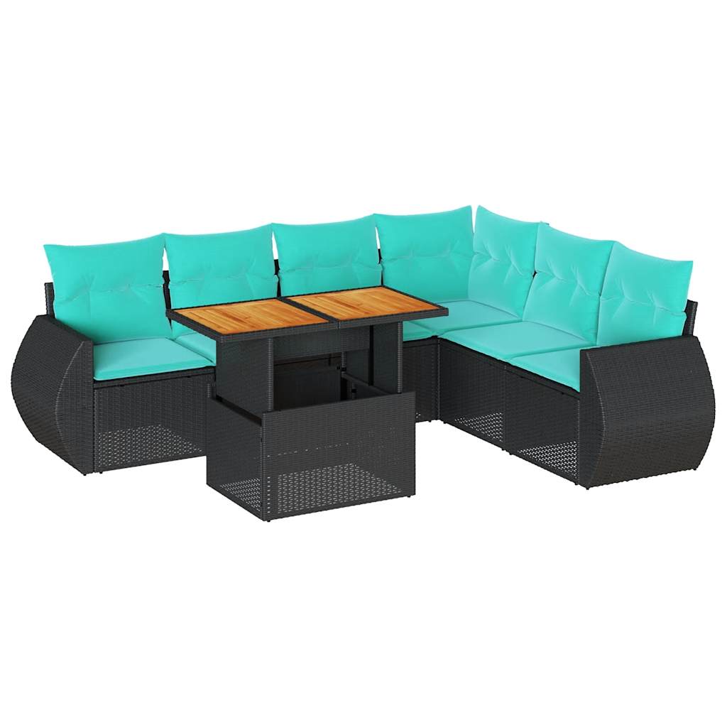 7 részes fekete polyrattan kerti ülőgarnitúra párnával 2