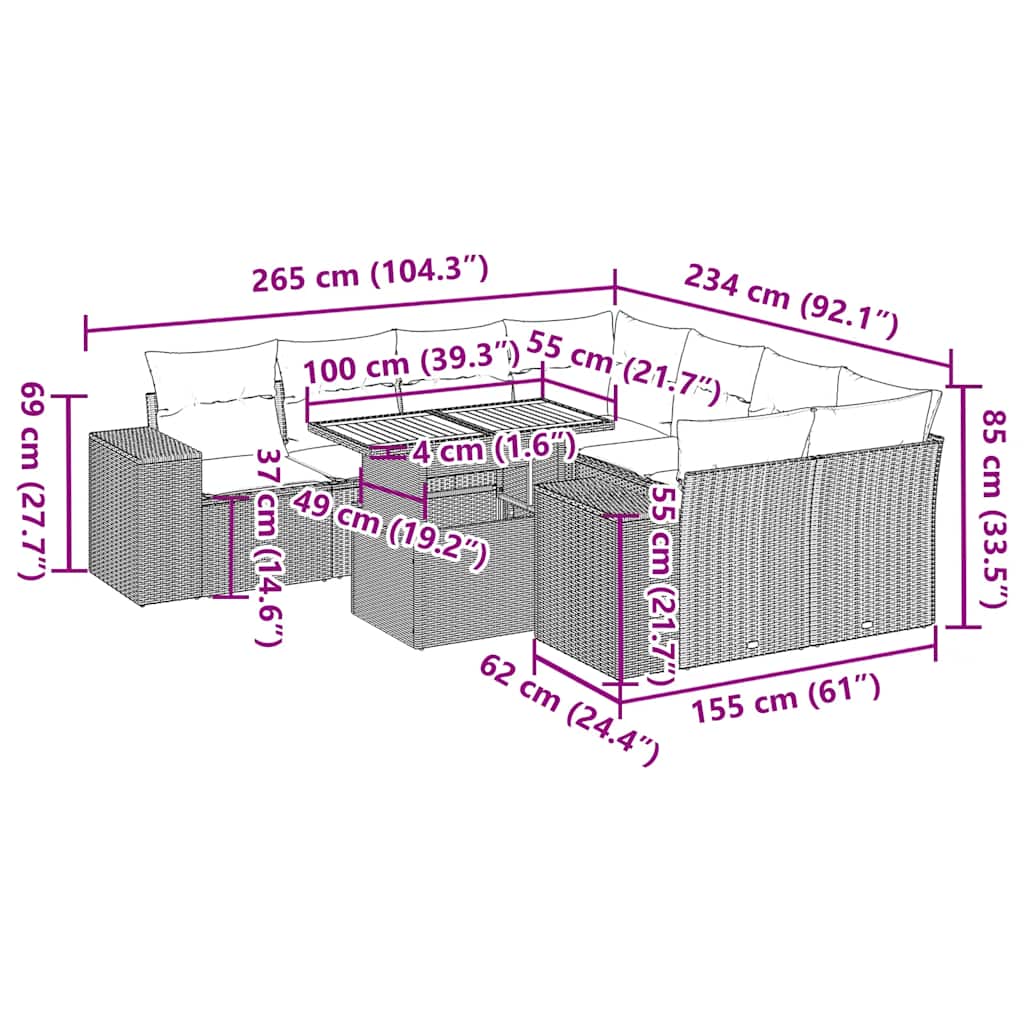 9 részes fekete polyrattan kerti ülőgarnitúra párnákkal 14