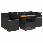 6 részes fekete polyrattan akácfa kerti ülőgarnitúra párnákkal 2