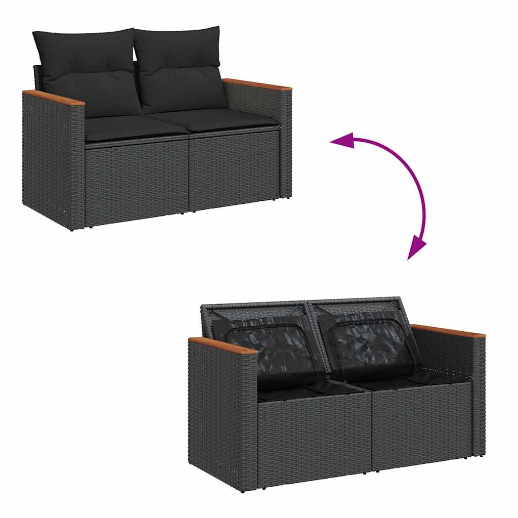 6 részes fekete polyrattan akácfa kerti ülőgarnitúra párnákkal 7