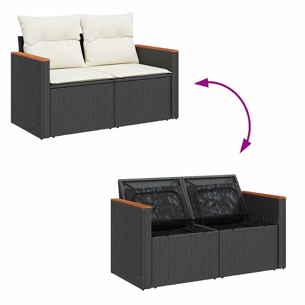 6 részes fekete polyrattan akácfa kerti ülőgarnitúra párnákkal 7