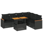 7 részes fekete polyrattan akácfa kerti ülőgarnitúra párnával 2