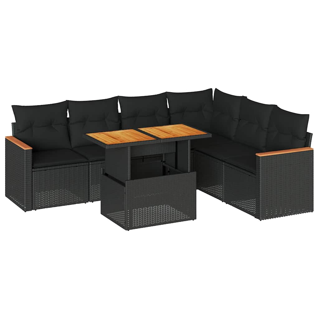 7 részes fekete polyrattan akácfa kerti ülőgarnitúra párnával 2