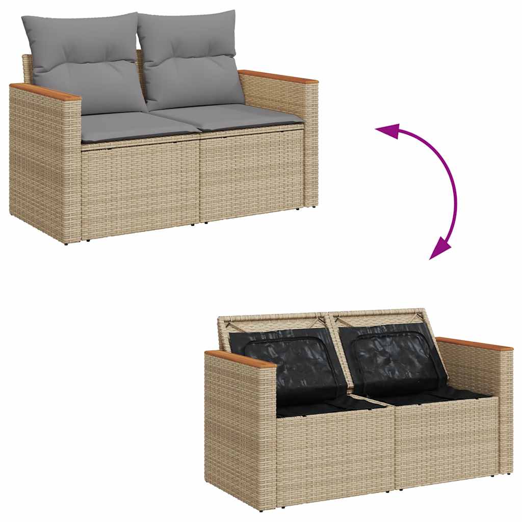 9 részes bézs polyrattan akácfa kerti ülőgarnitúra párnákkal 7