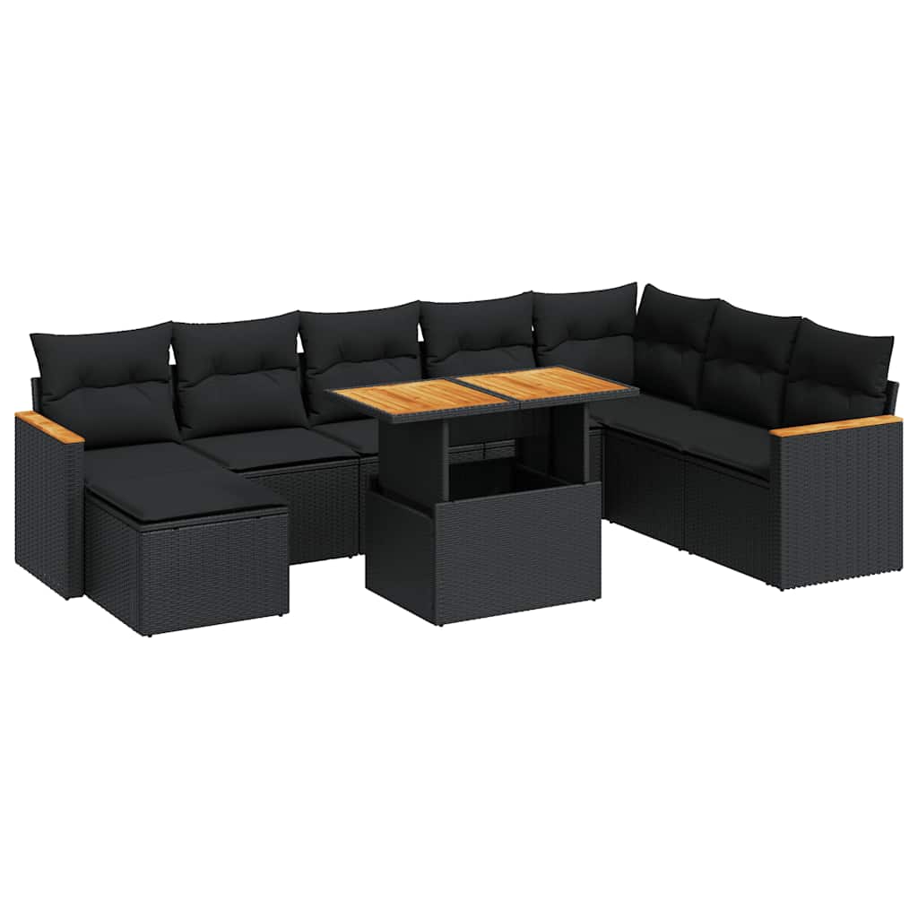 9 részes fekete polyrattan akácfa kerti ülőgarnitúra párnákkal 2
