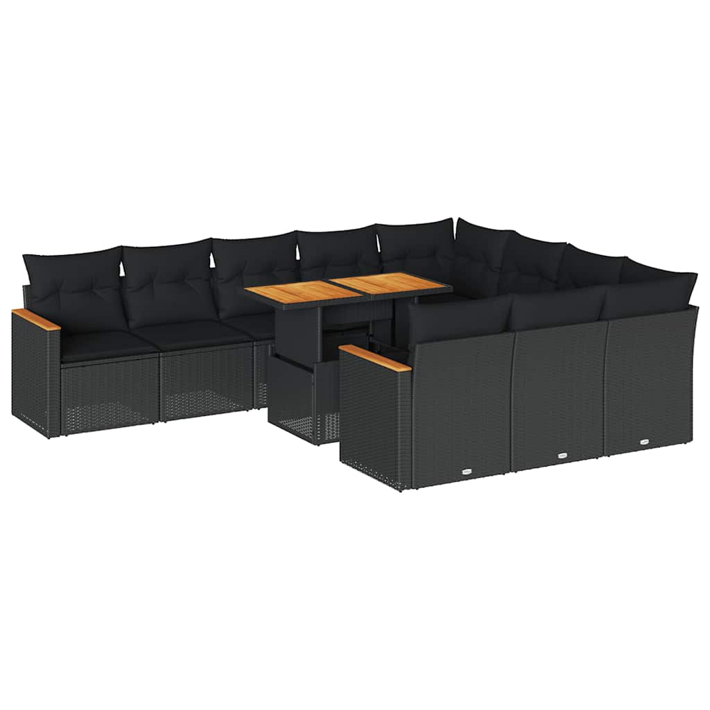 11 részes fekete polyrattan akácfa kerti ülőgarnitúra párnákkal 2