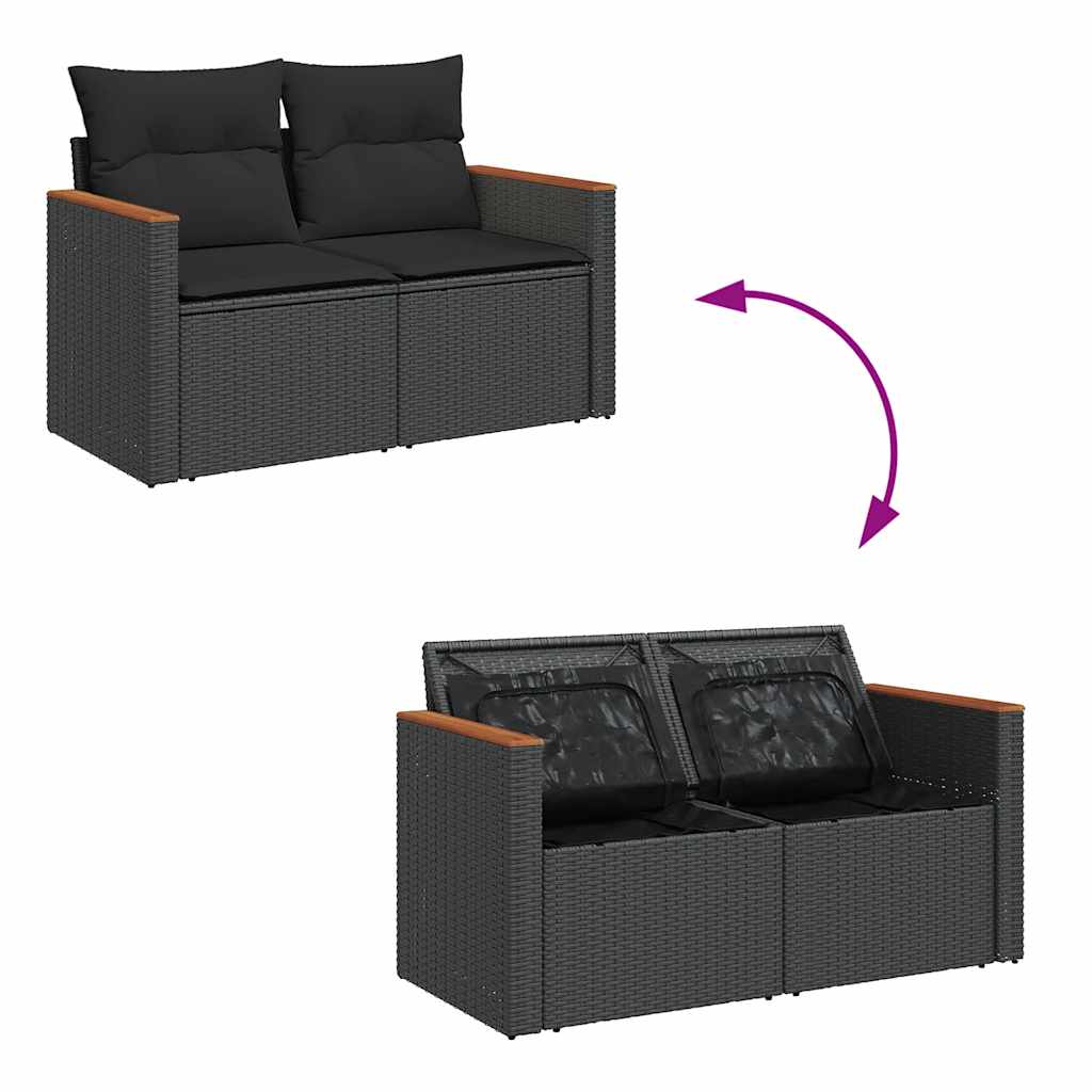 11 részes fekete polyrattan akácfa kerti ülőgarnitúra párnákkal 7