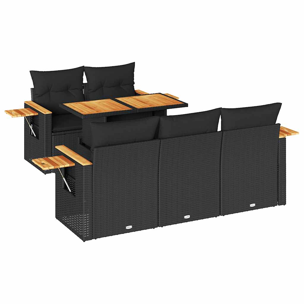 6 részes fekete polyrattan akácfa kerti ülőgarnitúra párnákkal 2
