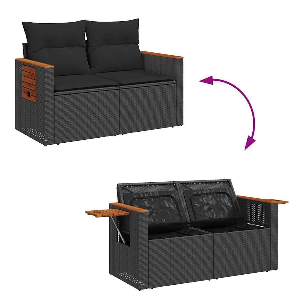 7 részes fekete polyrattan akácfa kerti ülőgarnitúra párnával 6