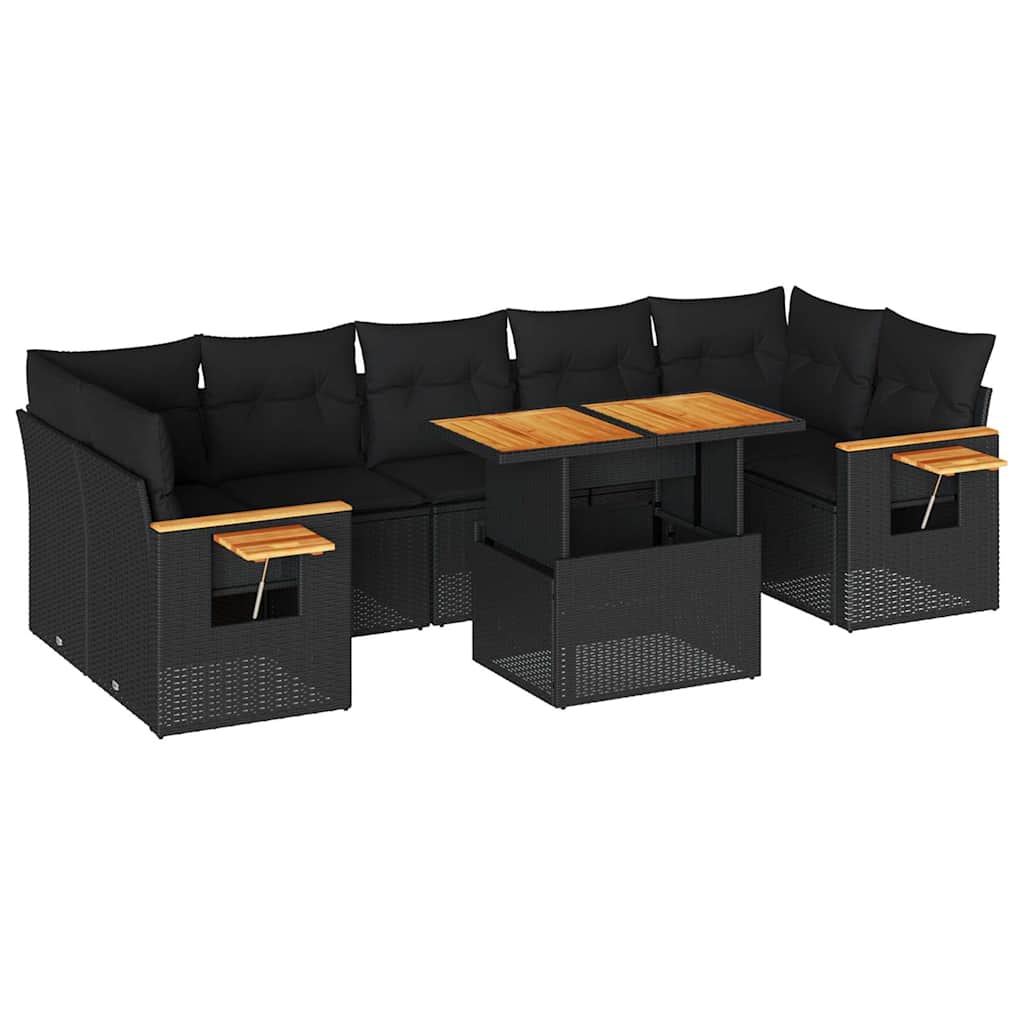 8 részes fekete polyrattan akácfa kerti ülőgarnitúra párnákkal 2