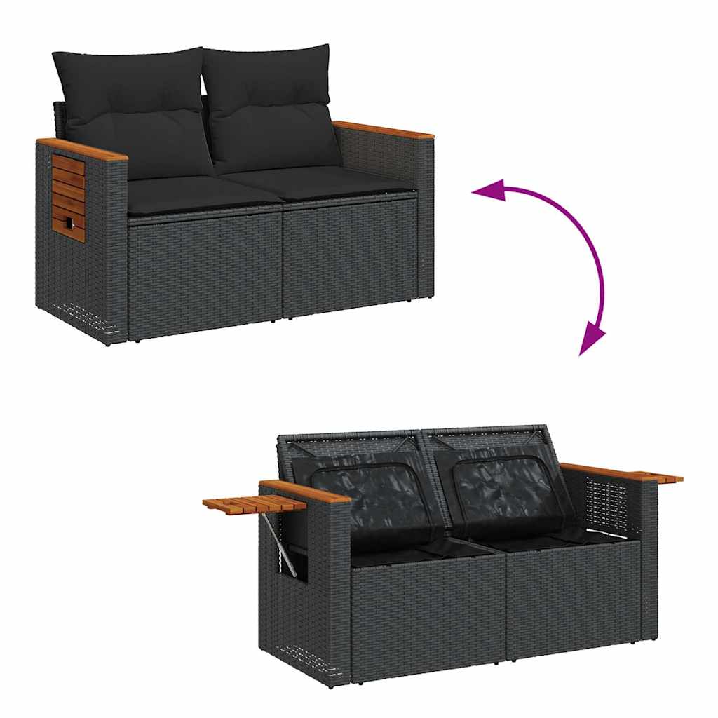 8 részes fekete polyrattan akácfa kerti ülőgarnitúra párnákkal 7