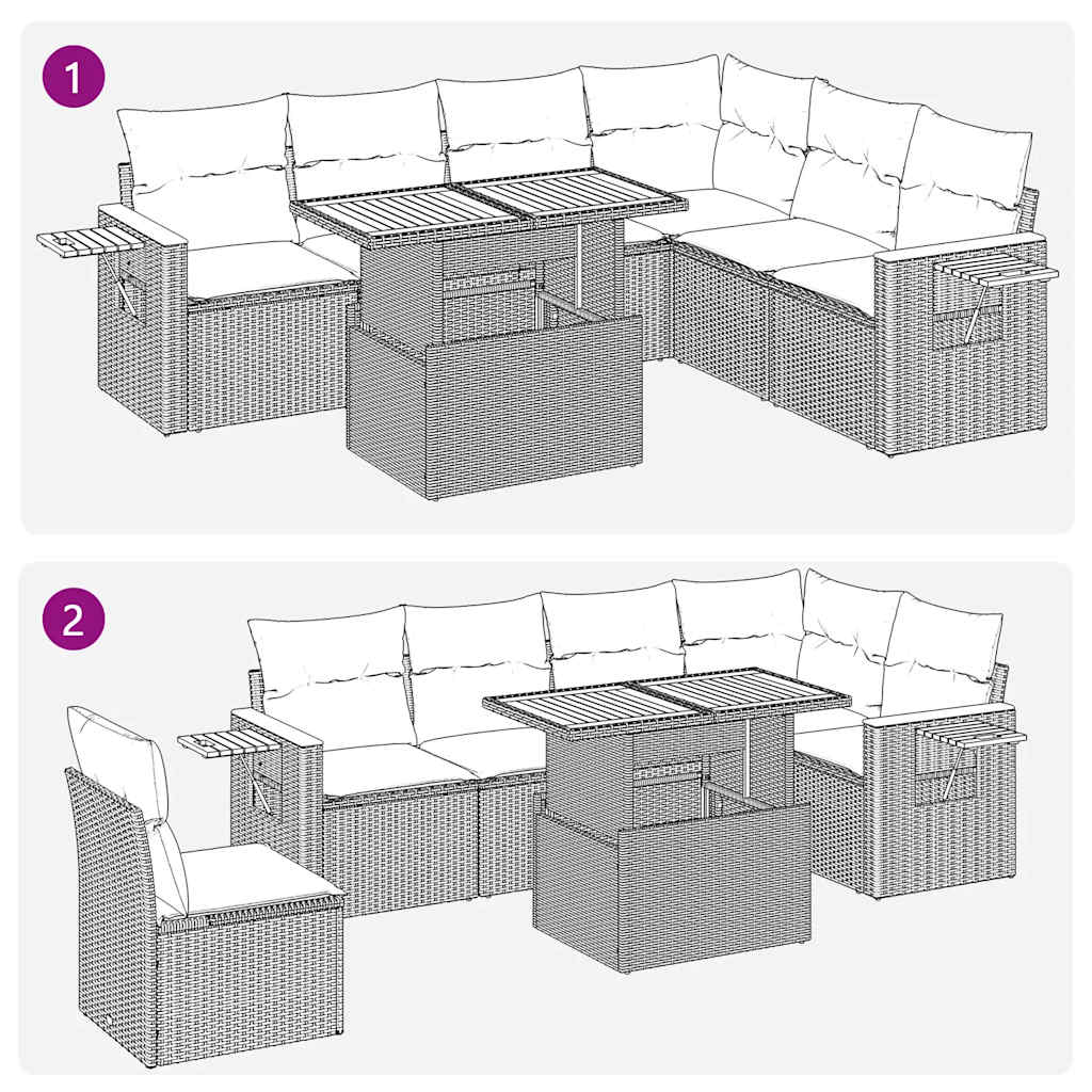 7 részes bézs polyrattan akácfa kerti ülőgarnitúra párnákkal 7