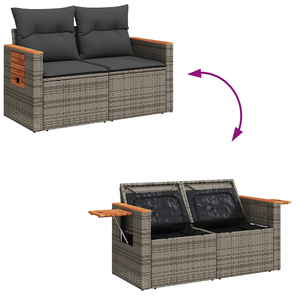 8 részes szürke polyrattan akácfa kerti ülőgarnitúra párnákkal 10