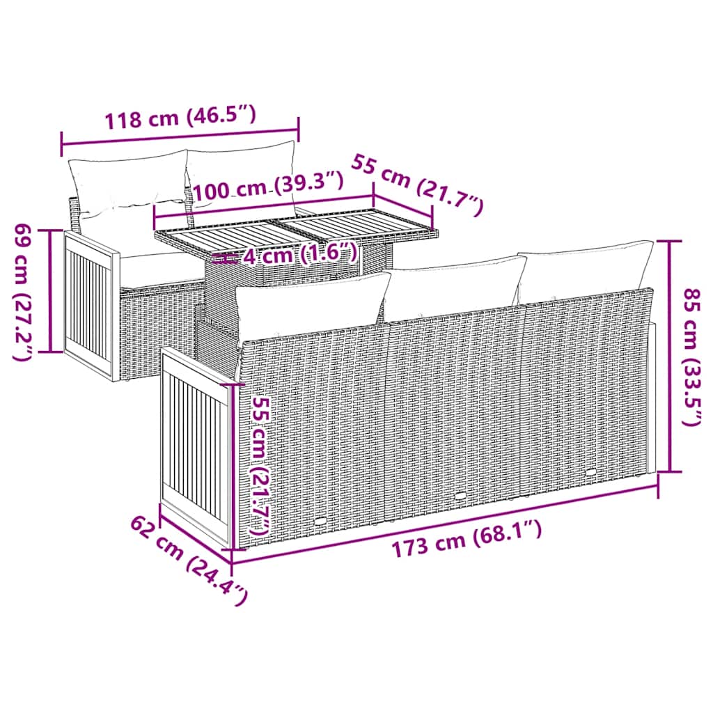 6 részes szürke polyrattan akácfa kerti ülőgarnitúra párnákkal 12