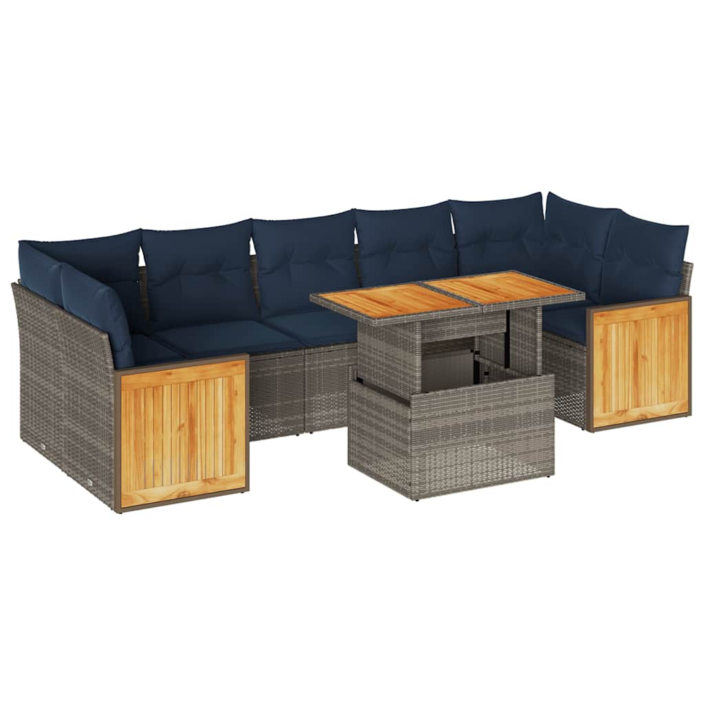 8 részes szürke polyrattan akácfa kerti ülőgarnitúra párnákkal 2