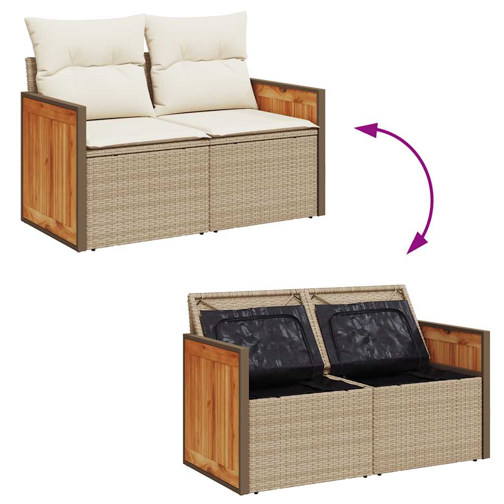 10 részes bézs polyrattan akácfa kerti ülőgarnitúra párnával 9