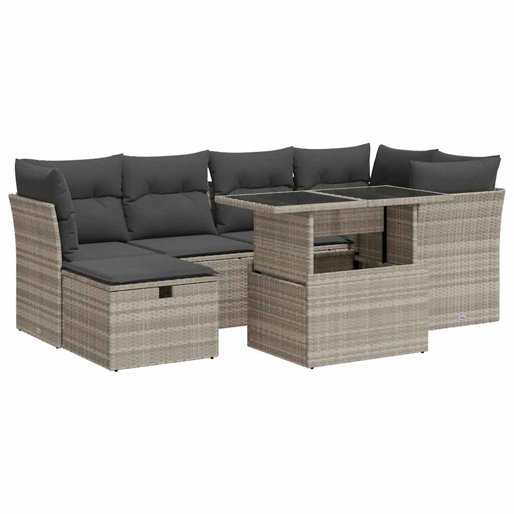 7 részes világosszürke polyrattan kerti ülőgarnitúra párnákkal 2