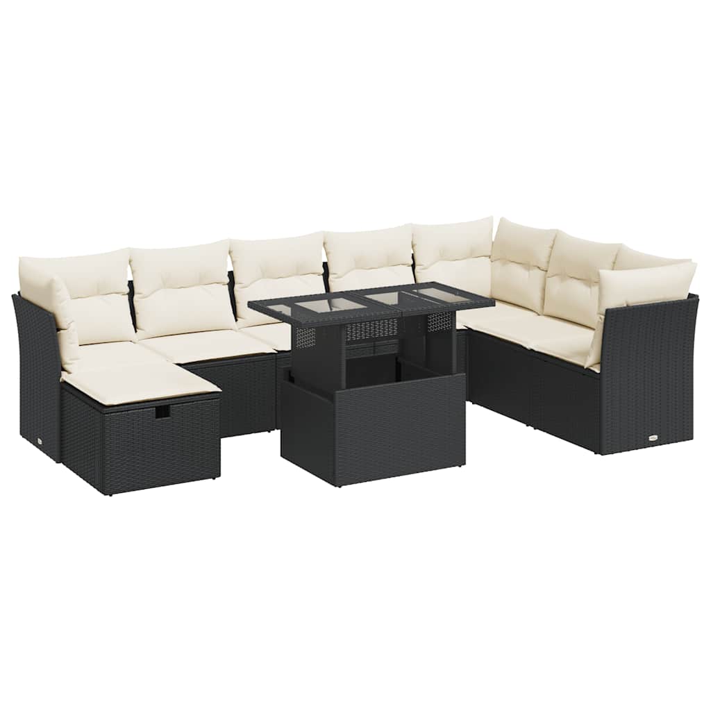 9 részes fekete polyrattan kerti ülőgarnitúra párnákkal 2