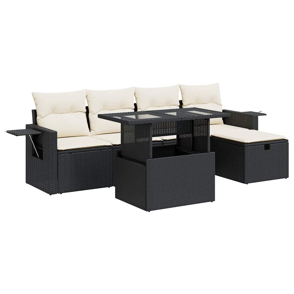 6 részes fekete polyrattan kerti ülőgarnitúra párnákkal 2