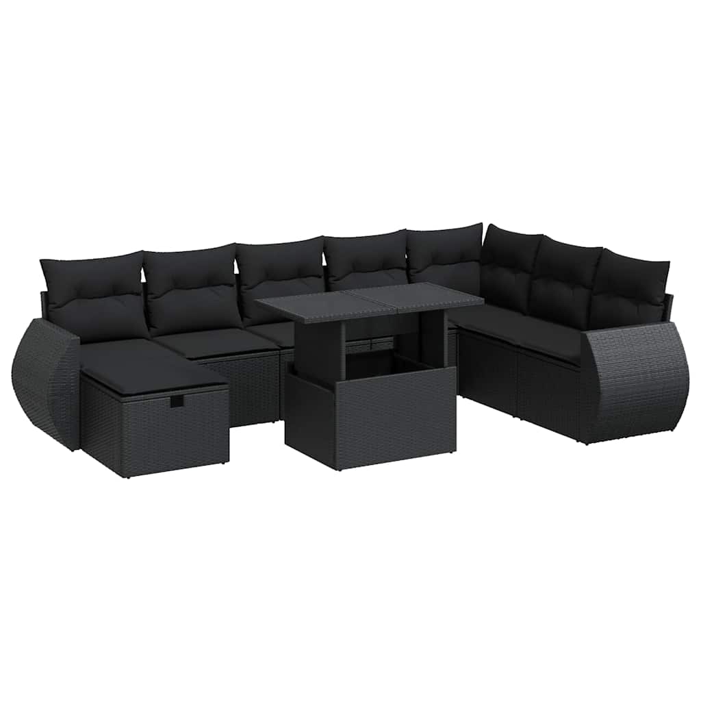 9 részes fekete polyrattan kerti ülőgarnitúra párnákkal 2