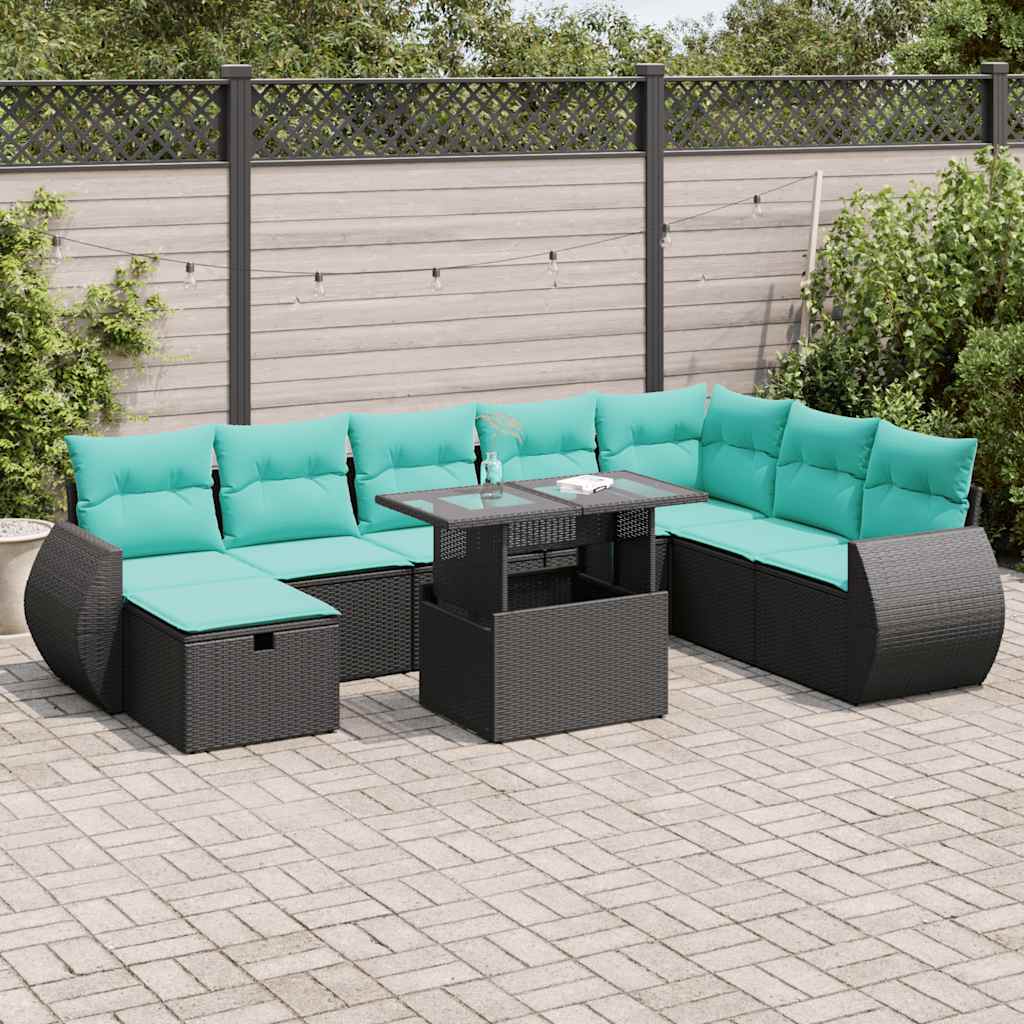 9 részes szürke polyrattan akácfa kerti ülőgarnitúra párnákkal