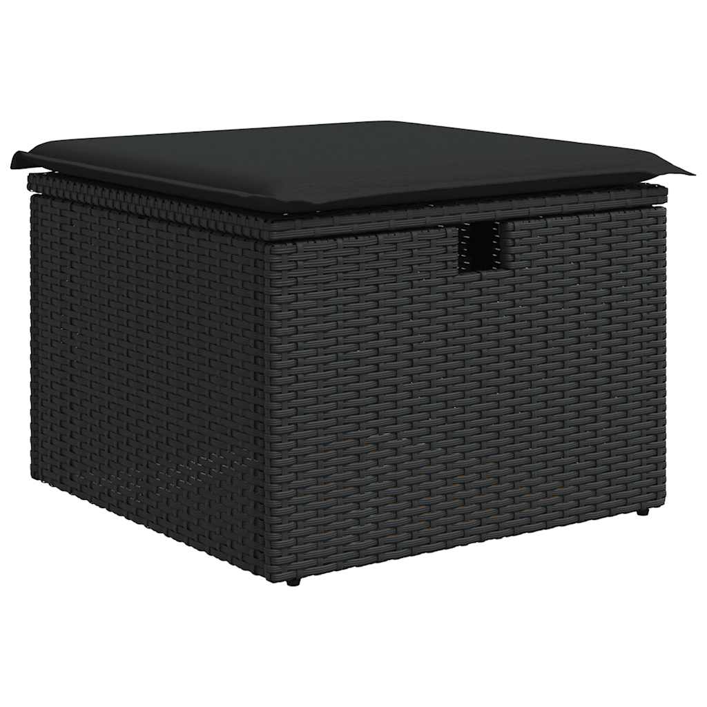 5 részes fekete polyrattan akácfa kerti kanapészett párnákkal 7