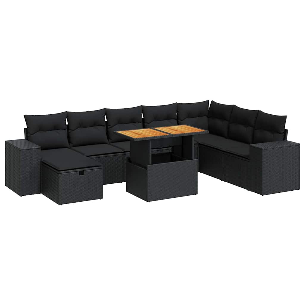9 részes fekete polyrattan akácfa kerti ülőgarnitúra párnákkal 2