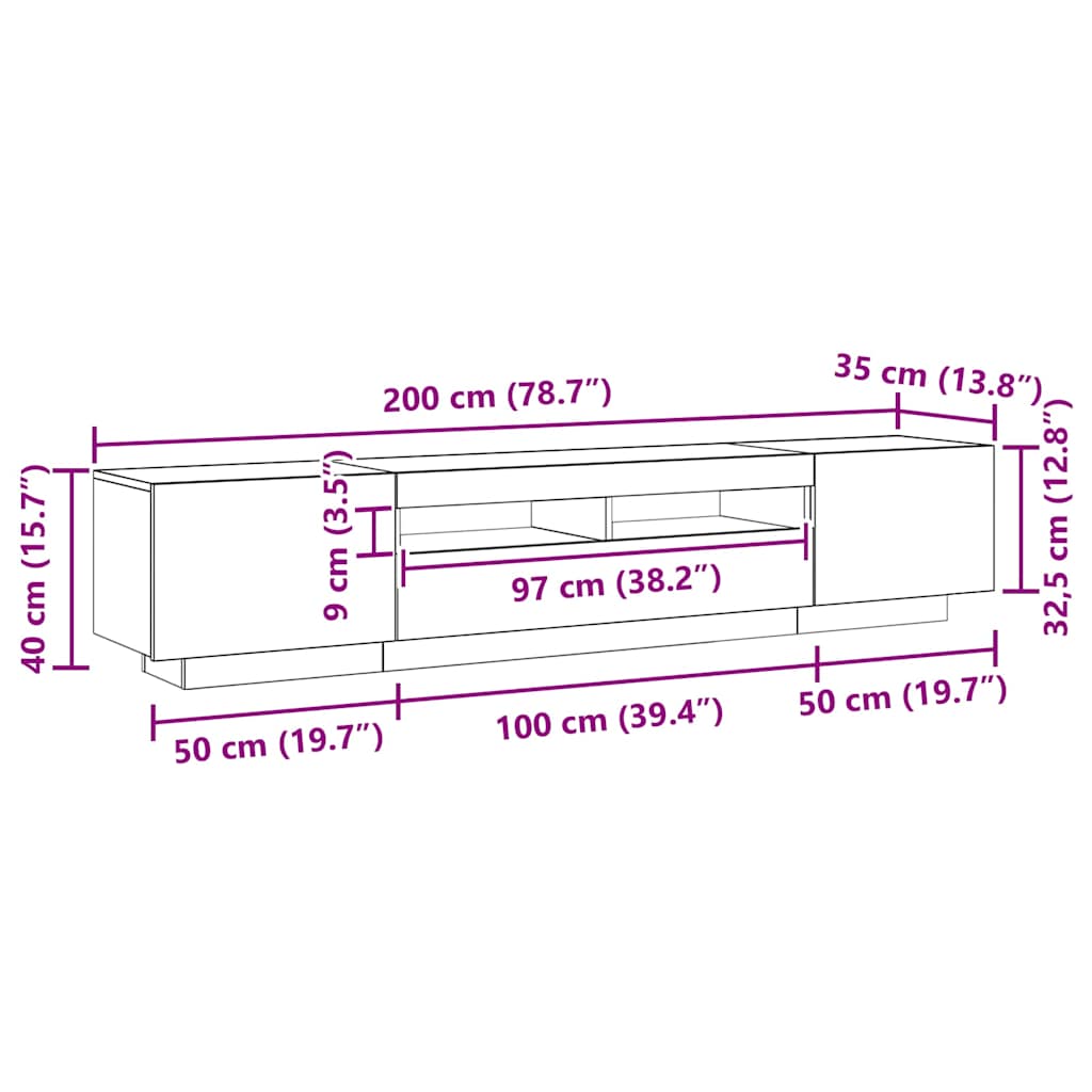 Antik fa színű szerelt fa TV-szekrény LED-ekkel 200x35x40 cm 15