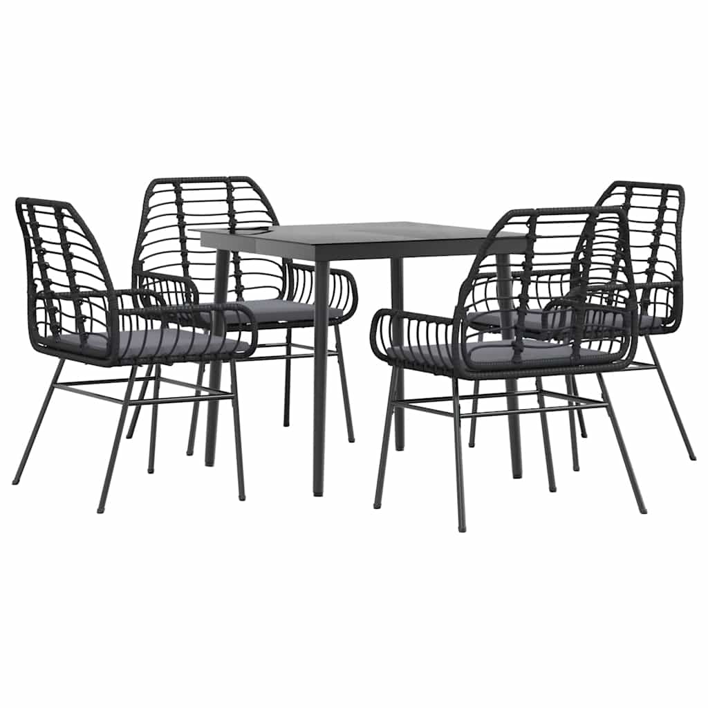 5 részes fekete polyrattan üveg kerti étkezőgarnitúra párnákkal 2