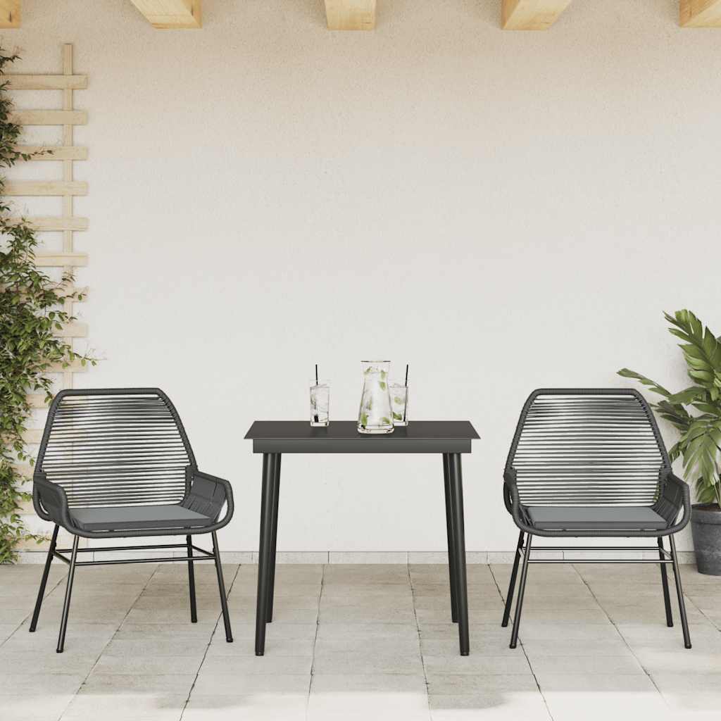 3 részes fekete polyrattan üveg kerti étkezőgarnitúra párnákkal 3