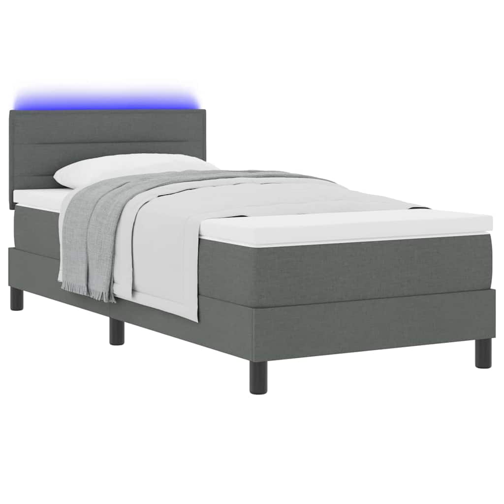 Boxrugós ágy LED szalagokkal Sötétszürke 100 x 200 cm szövet 3