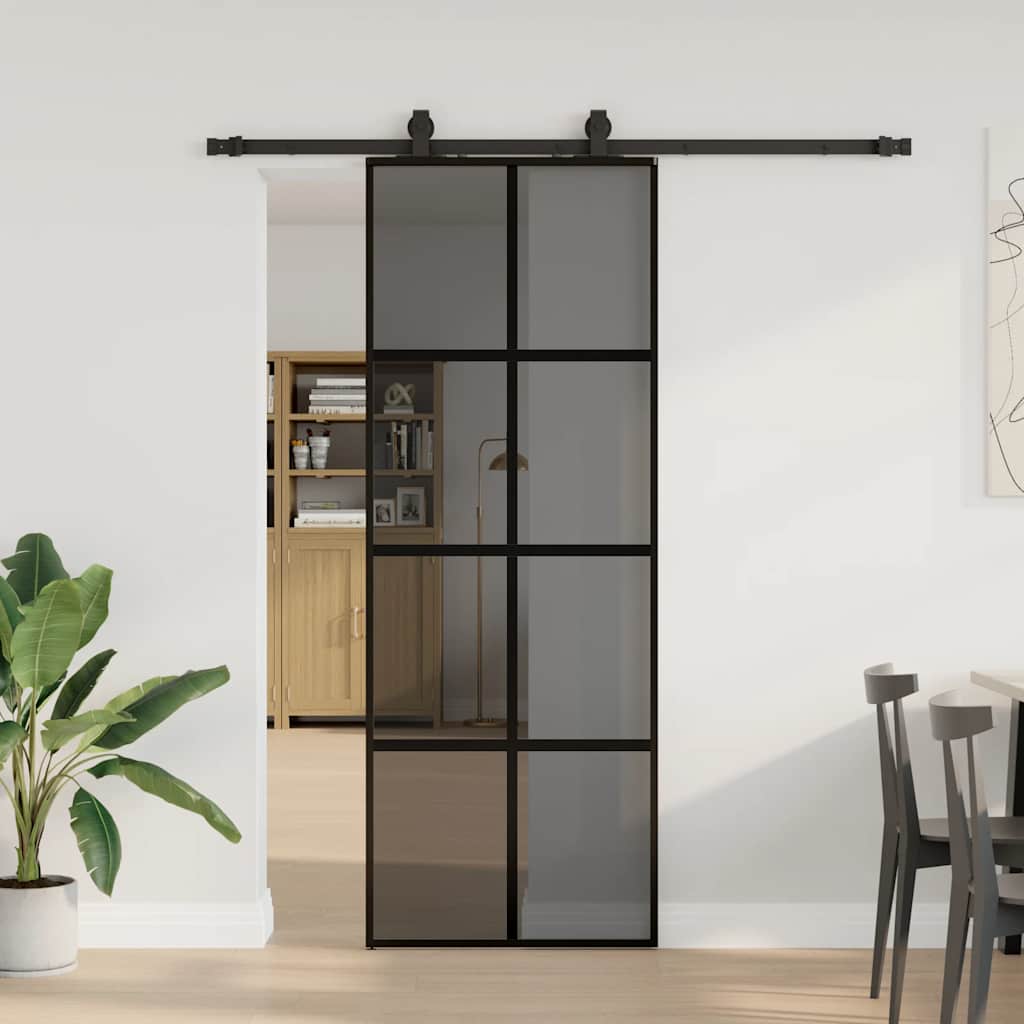 Fekete edzett üveg tolóajtó fémszerelék szettel 76x205 cm
