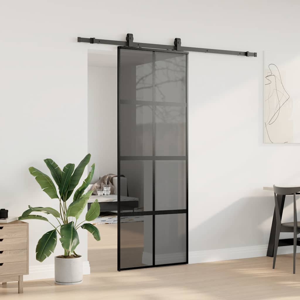 Fekete edzett üveg tolóajtó fémszerelék szettel 76x205 cm 3