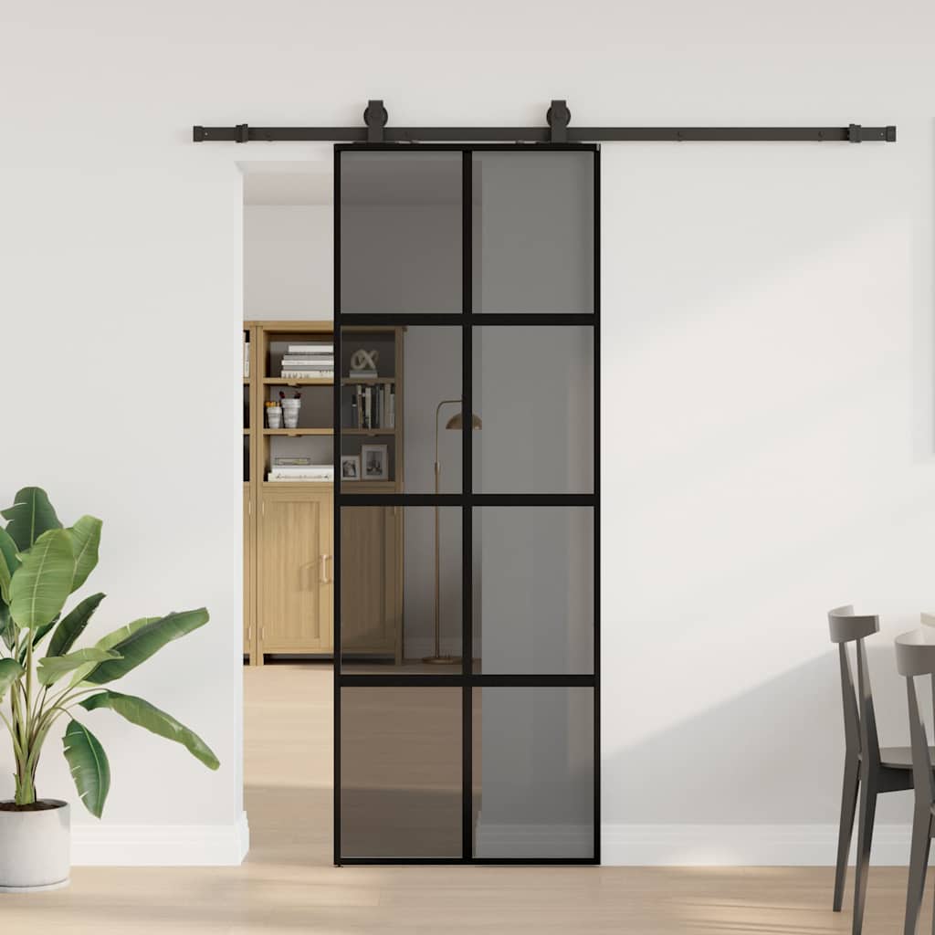 Fekete edzett üveg tolóajtó fémszerelék szettel 76x205 cm