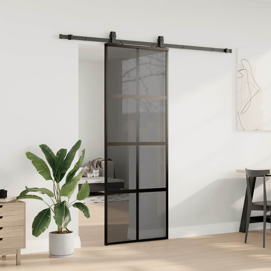 Fekete edzett üveg tolóajtó fémszerelék szettel 76x205 cm 3