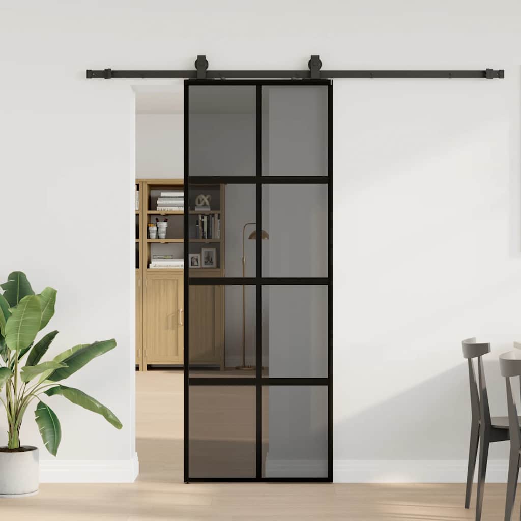 Fekete edzett üveg tolóajtó fémszerelék szettel 76x205 cm