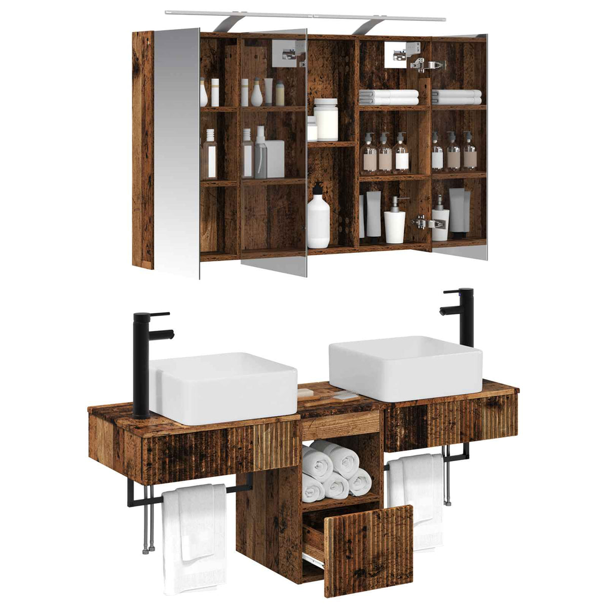 Fürdőszobai Szekrény Szett 4 db Antik Fa Szerelt Fa 3