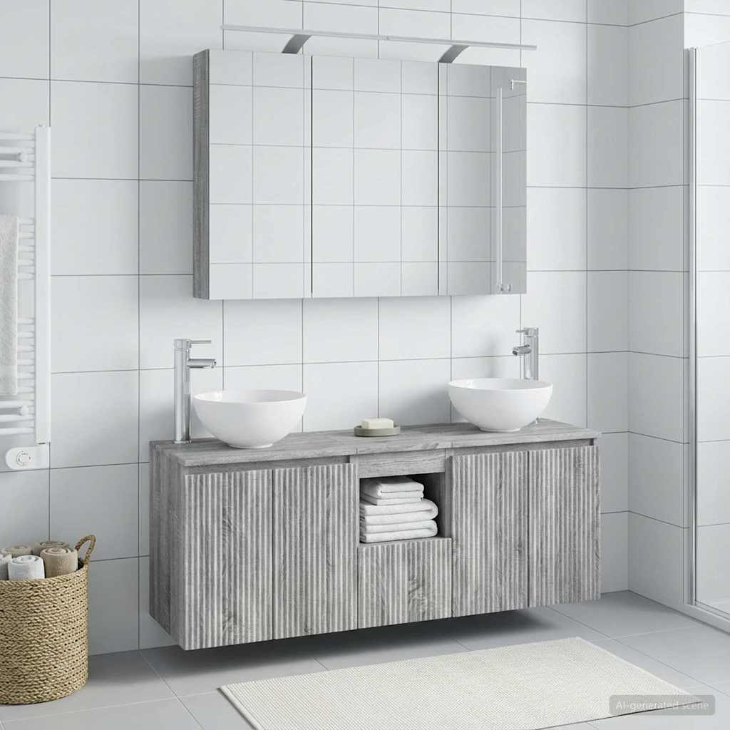 Fürdőszobai Szekrény Szett 4 db Szürke Sonoma Szerelt Fa 4