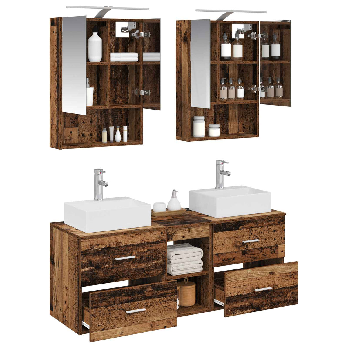 Fürdőszoba bútor szett 5 db Antik Fa Szerelt fa és Üveg 3