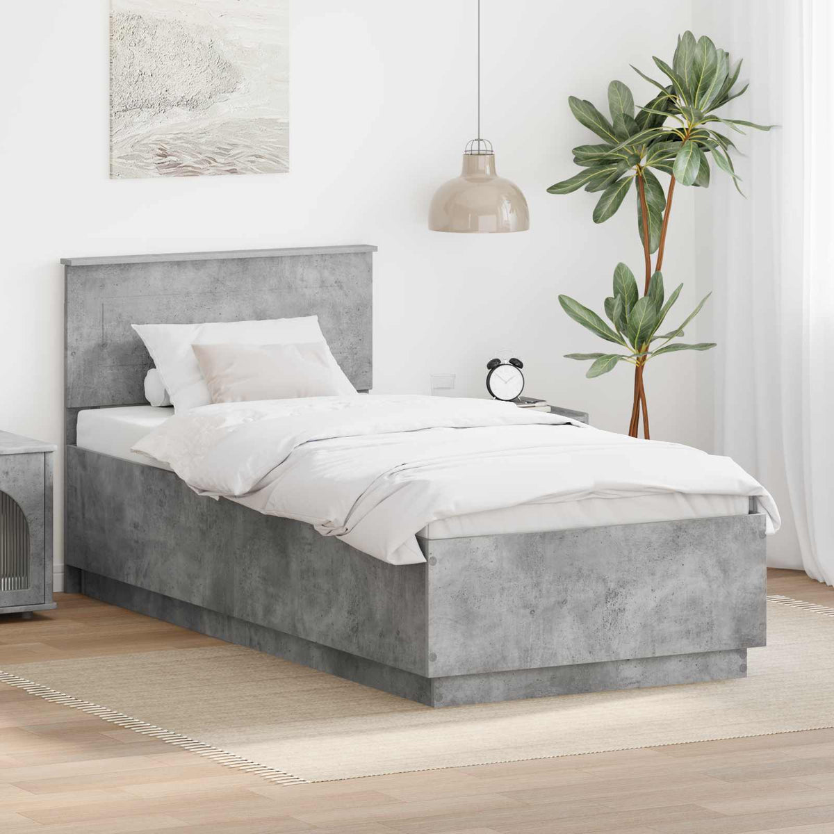 Ágykeret LED szalagokkal Beton Szürke 100 x 200 cm Szerelt Fa