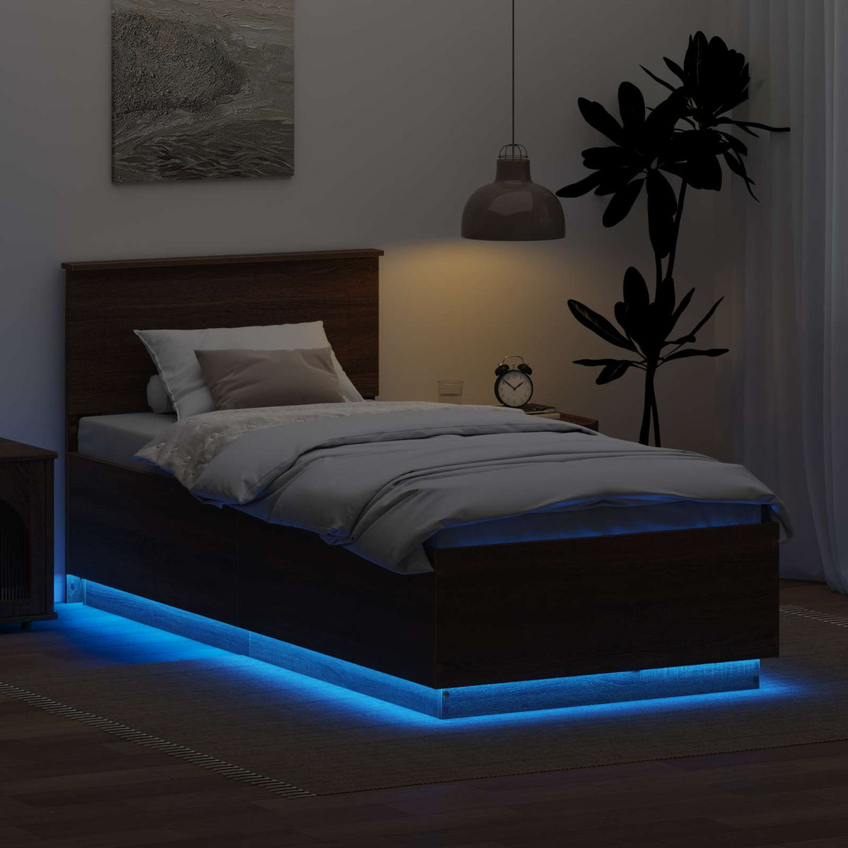 Ágykeret LED szalagokkal Barna Tölgy 90 x 200 cm Szerelt Fa 4