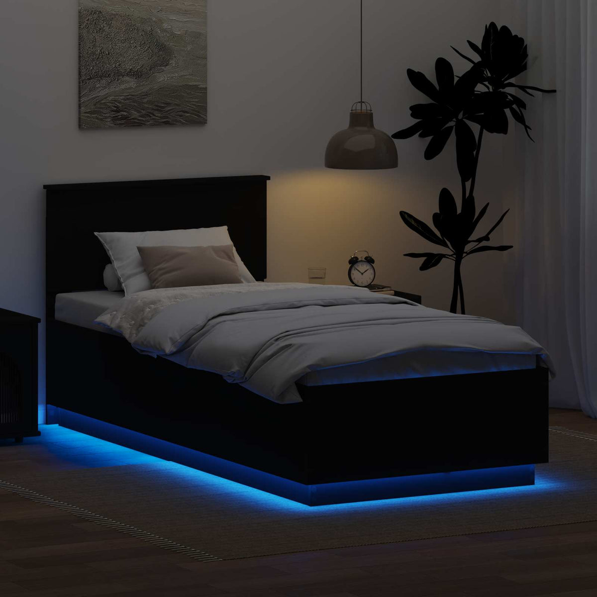 Ágykeret LED szalagokkal Fekete 70 x 190 cm Szerelt Fa 4