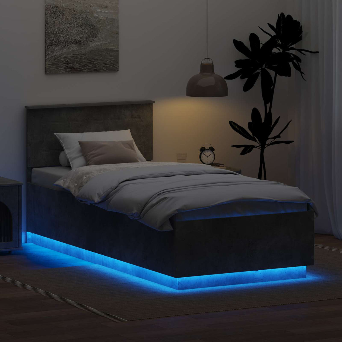 Ágykeret LED szalagokkal Beton Szürke 70 x 190 cm Szerelt Fa 4