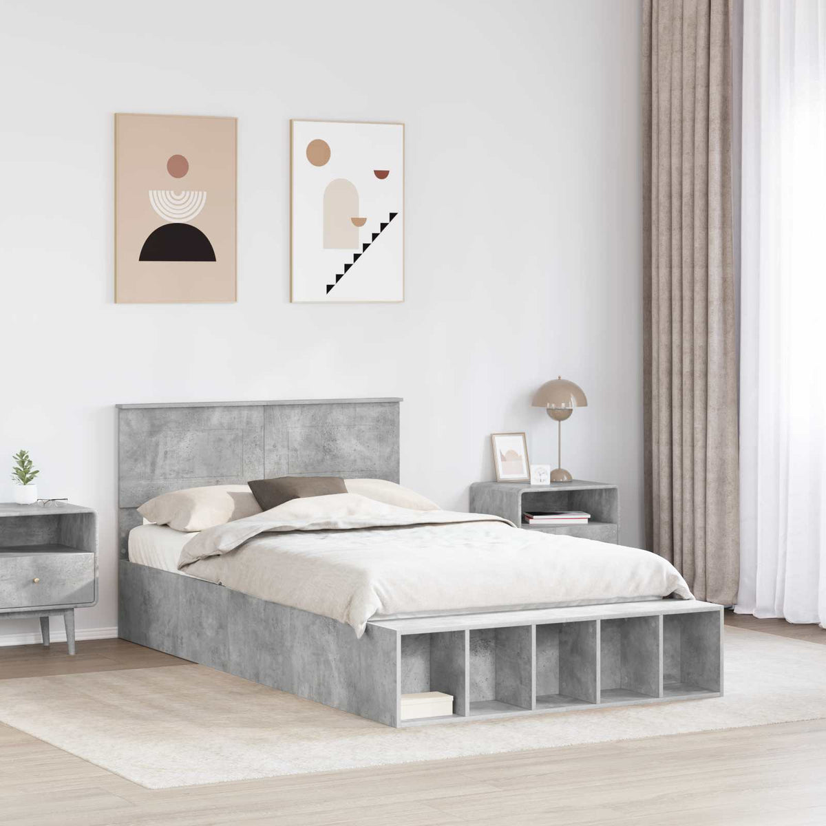 Ágykeret polcokkal Beton Szürke 135 x 190 cm Szerelt Fa 3