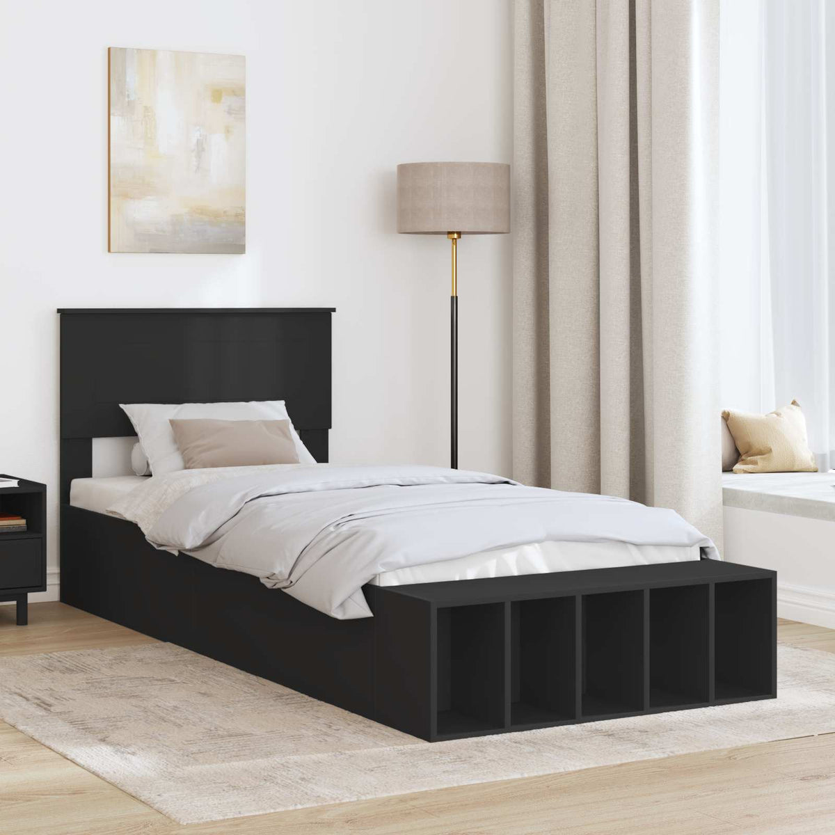 Ágykeret polcokkal fejtámlával Fekete 90 x 190 cm Szerelt Fa 3