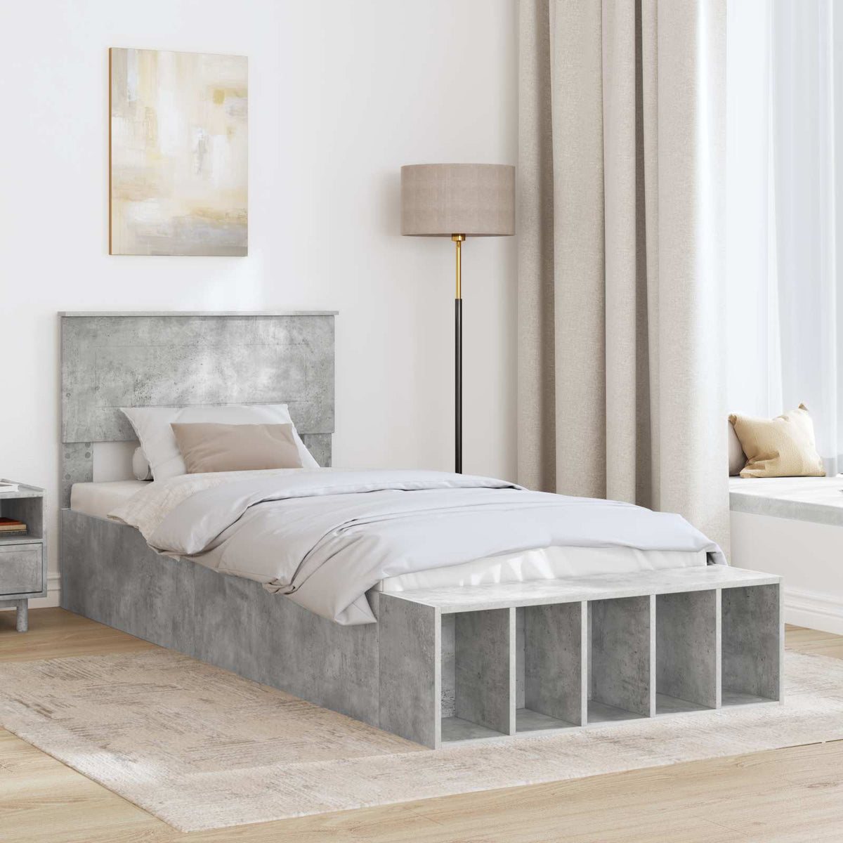 Ágykeret polcokkal Beton Szürke 90 x 200 cm Szerelt Fa 3