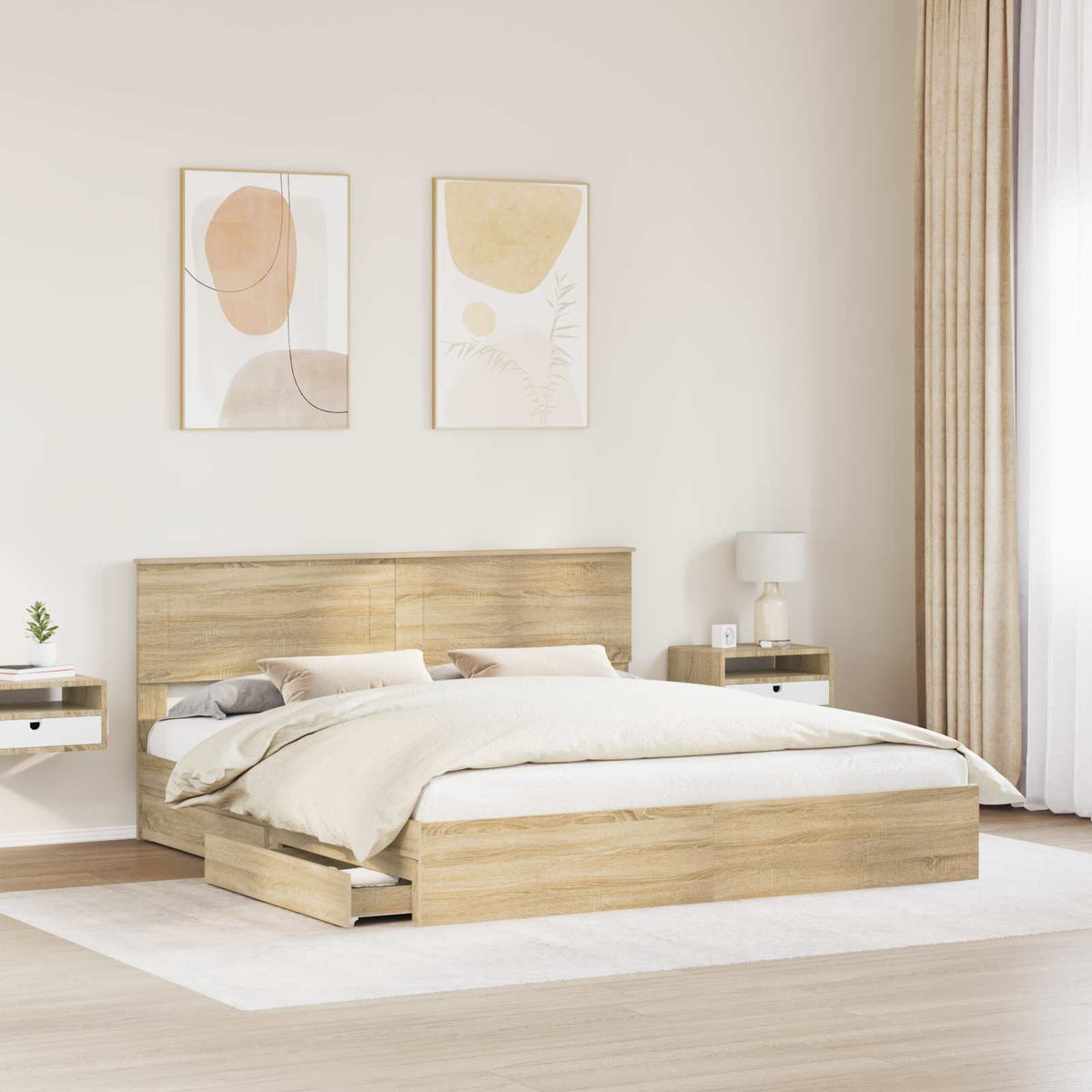 Tárolós Ágy fiókkal Sonoma tölgy 200 x 200 cm Szerelt Fa 3