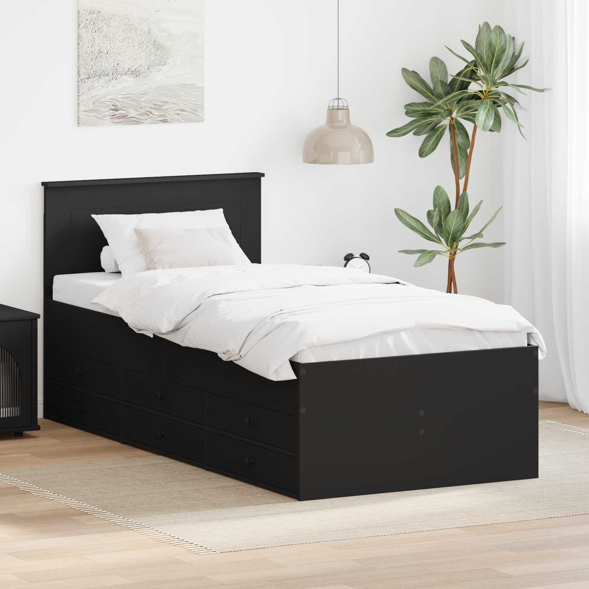 Nappaliágy fiókkal fejtámlával Fekete 75 x 190 cm Szerelt Fa