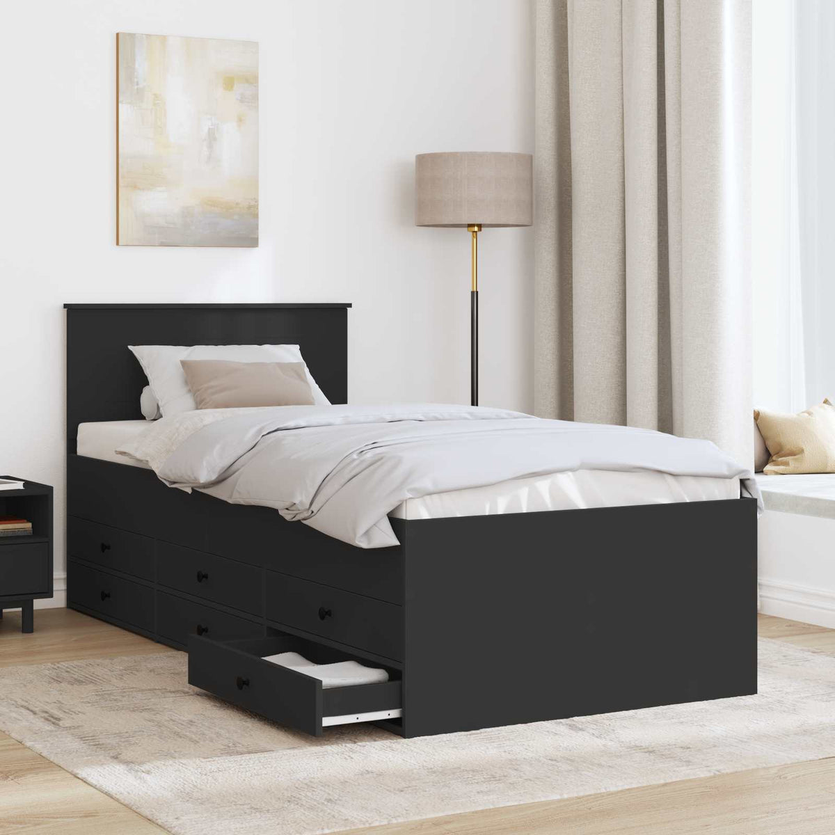 Nappaliágy fiókkal fejtámlával Fekete 75 x 190 cm Szerelt Fa 3