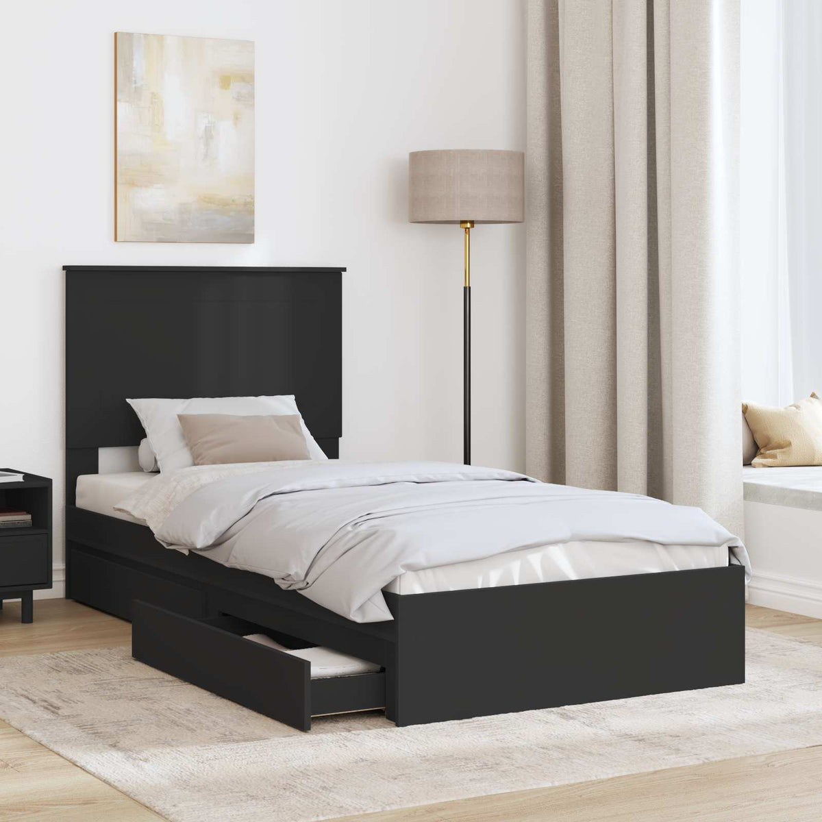 Tárolós Ágy fiókkal fejtámlával Fekete 90 x 190 cm Szerelt Fa 3